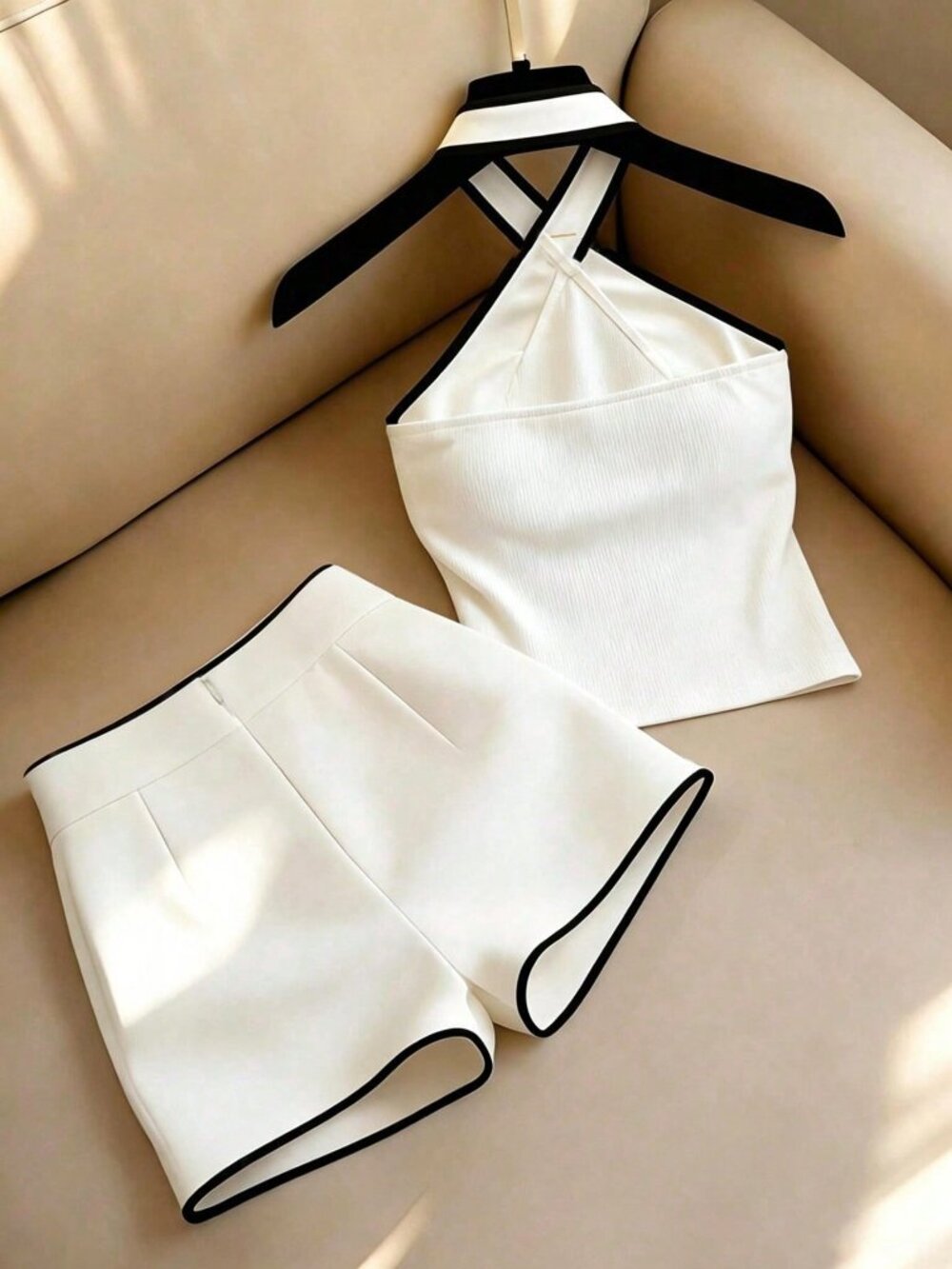Black And White Casual Women's Halter Two Pieces Set - Picture 2 of 4